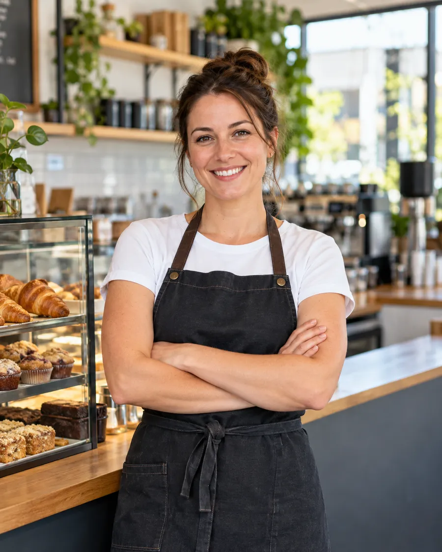 Smiling cafe owner in an apron