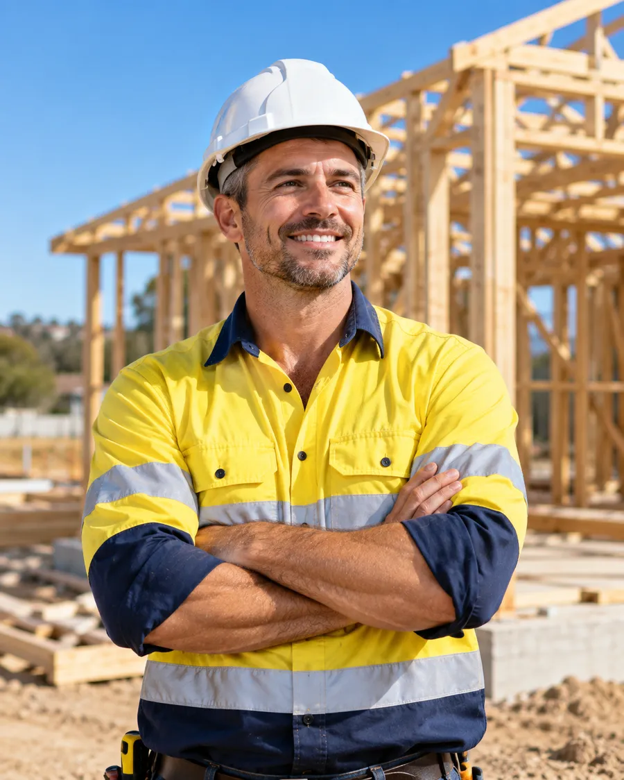 Smiling builder in a hard hat in front of a timber house frame