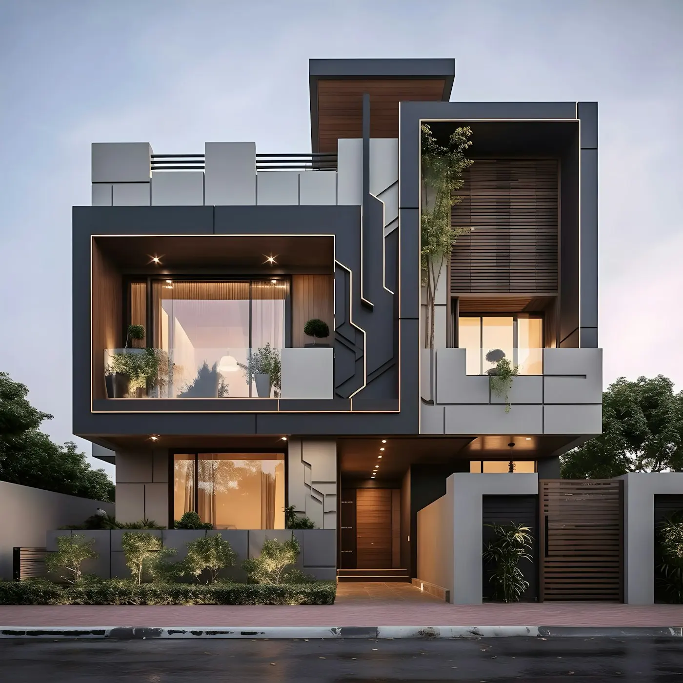 Modern two-storey house with large windows