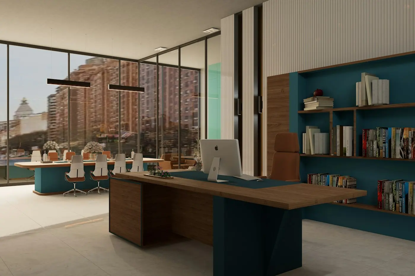 Modern office with desk and bookshelves