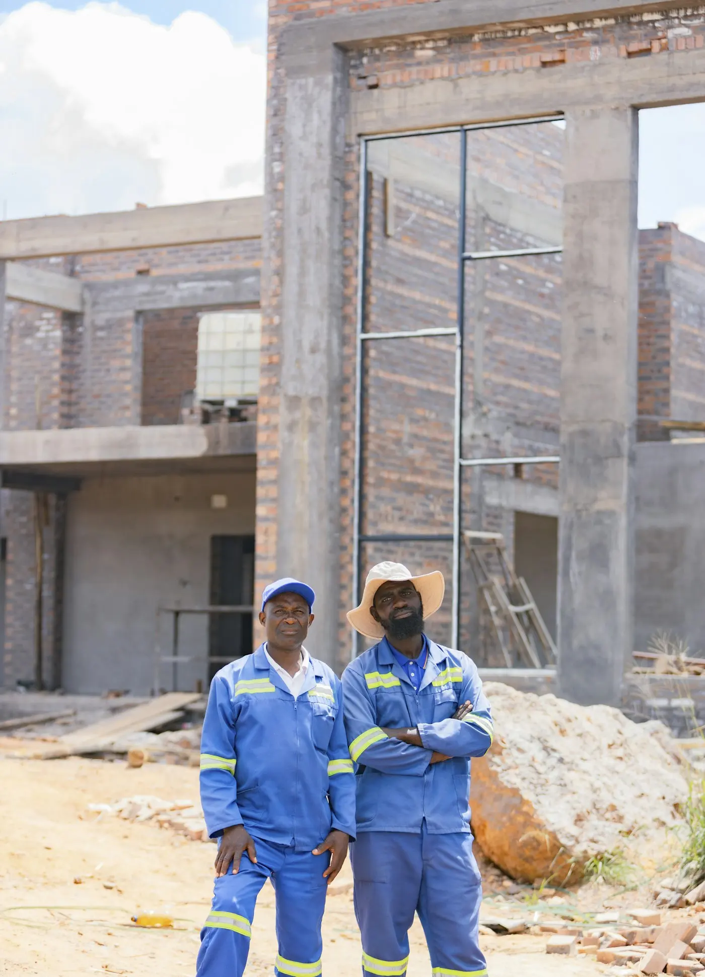 Two workers in hard hats on a building site